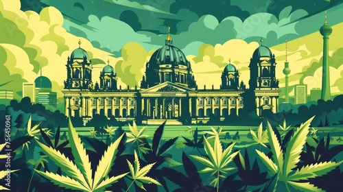 Parliament or governmental building with symbols of medical marijuana legalization, cityscape with a foreground of cannabis leaves