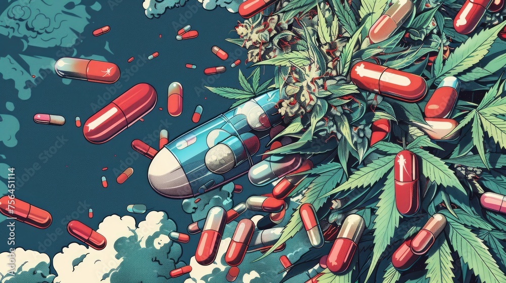 Medicinal cannabis and pills. Pharmaceutical capsules and vibrant
