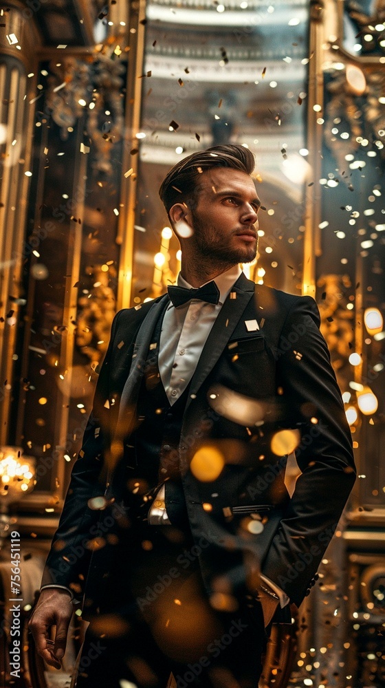 A well-dressed man in a tuxedo stands in front of a mirror, adjusting his tie and inspecting his appearance. A well-dressed man in a tuxedo stands in front of a mirror, adjusting his tie and inspecting his appearance.