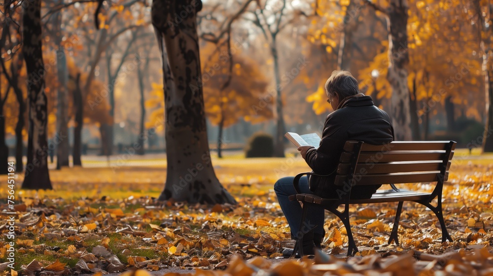 Solitary figure reading a book on a bench amid autumn leaves