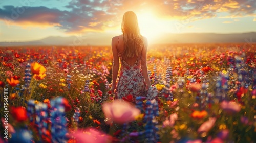 Woman Standing in Field of Flowers