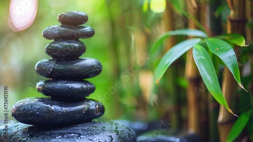 Zen stone stack in a tranquil garden with bamboo and dew drops