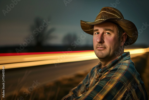 Portrait of a farmer thinking about his harvest. Long exposure in the background. Created with Generative AI technology.