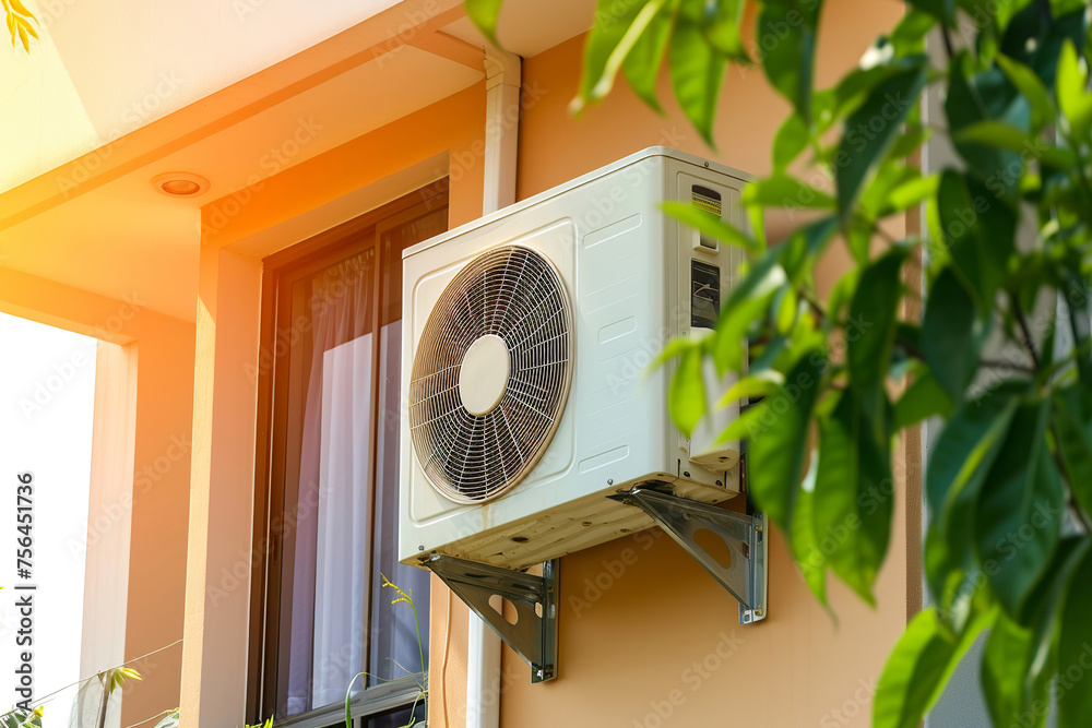 The air conditioning system is installed outside on the wall of a private house, surrounded by beautiful plants. Air conditioning of housing. Heat pump standing on the facade of a house in the garden The air conditioning system is installed outside on the wall of a private house, surrounded by beautiful plants. Air conditioning of housing. Heat pump standing on the facade of a house in the garden
