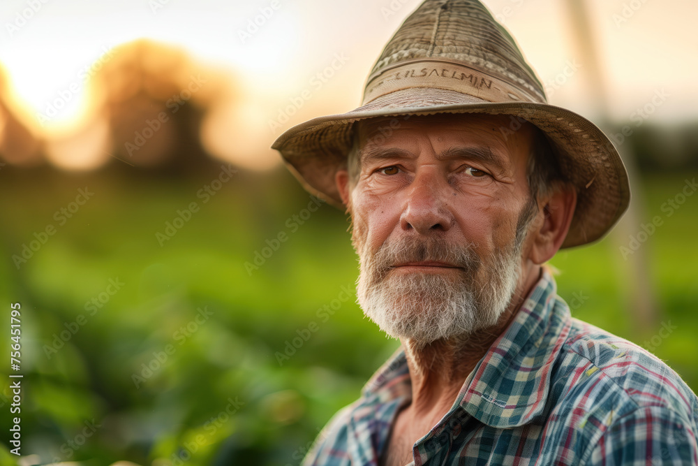 Portrait of a farmer thinking about his harvest. Long exposure in the background. Created with Generative AI technology.