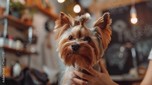 Adorable Yorkshire Terrier with a topknot sitting in a cafe © Татьяна Макарова