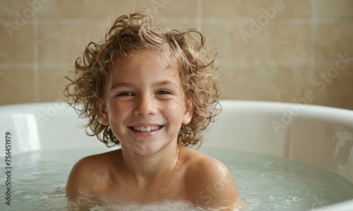 A child is in a bathtub  smiling and enjoying the bubbles. Concept of happiness and playfulness  as the child is having fun in the water