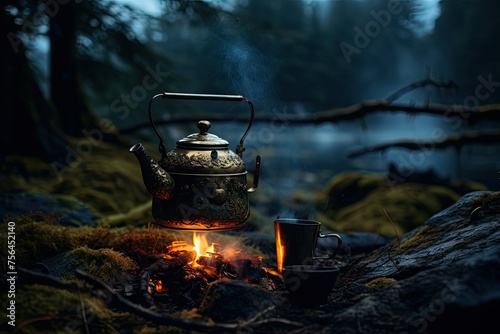 Tea pot on a campfire in the forest at night. Cooking tea by the fire in the mountains on a camping trip. The concept of adventure, travel and camping. Survival and tourism.