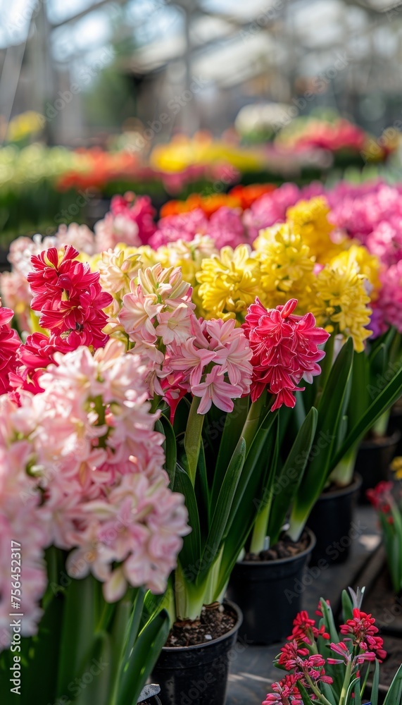 Vibrant hyacinth flowers in pots against a blurred background with ample space for text placement