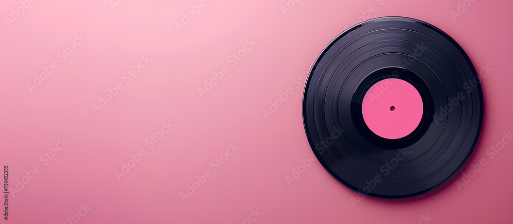 Vinyl record isolated on a pink background. Music and vintage concept. Top view. Close-up product shot for wallpaper, poster, banner with copy space Vinyl record isolated on a pink background. Music and vintage concept. Top view. Close-up product shot for wallpaper, poster, banner with copy space