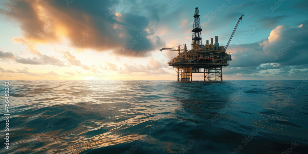 An offshore oil rig stands against a dramatic sunset, highlighting the energy industry's oceanic ventures. An offshore oil rig stands against a dramatic sunset, highlighting the energy industry's oceanic ventures.