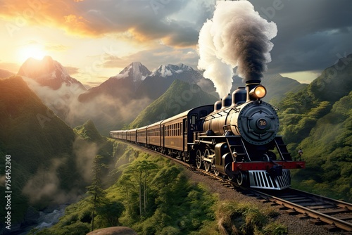 Wild west steam train driving through the mountains. Steam locomotive in the mountains at sunset. 3d illustration. transportation, travel.