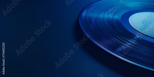Vinyl lp disk isolated on a dark blue background. Music and vintage concept. Product macro shot for wallpaper, poster, banner with copy space