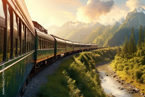 Timeless sense of travel. Train in the mountains. Railway in to the nature. 3d rendering. travel and adventure concept. rustic steam train navigating a quaint countryside.