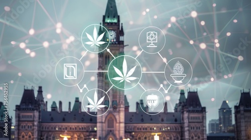 Parliament or governmental building with symbols of medical marijuana legalization, cityscape with a foreground of cannabis leaves