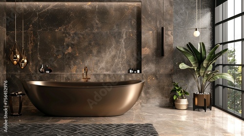 A roomy bathroom featuring a generously sized bathtub and a lively potted plant.