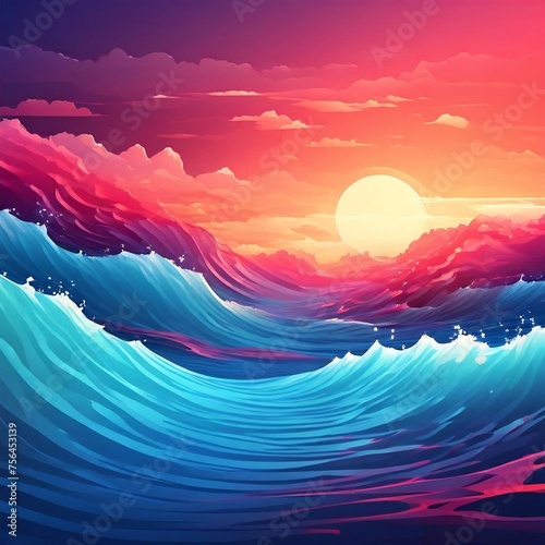 Sunset over the sea rising sun on sea water sea art nature illustration design creative waves in sunset rise sun design.