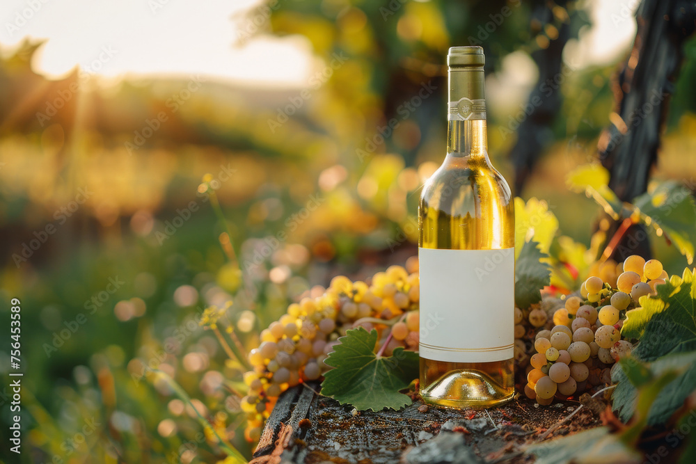 A bottle of white wine is sitting on a vineyard with grapes