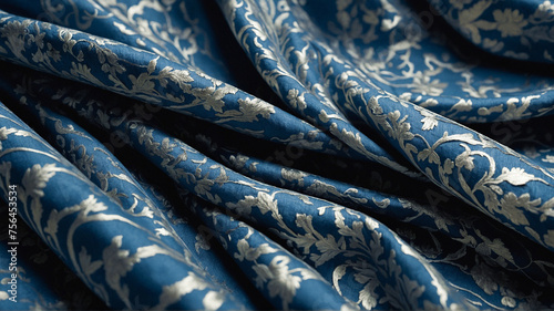 Blue silk satin fabric background with elegant silver Victorian embroidery. Highly detailed and wavy crumpled bed sheet texture. AI-Generated.