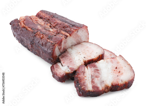 Pieces of tasty baked pork belly isolated on white