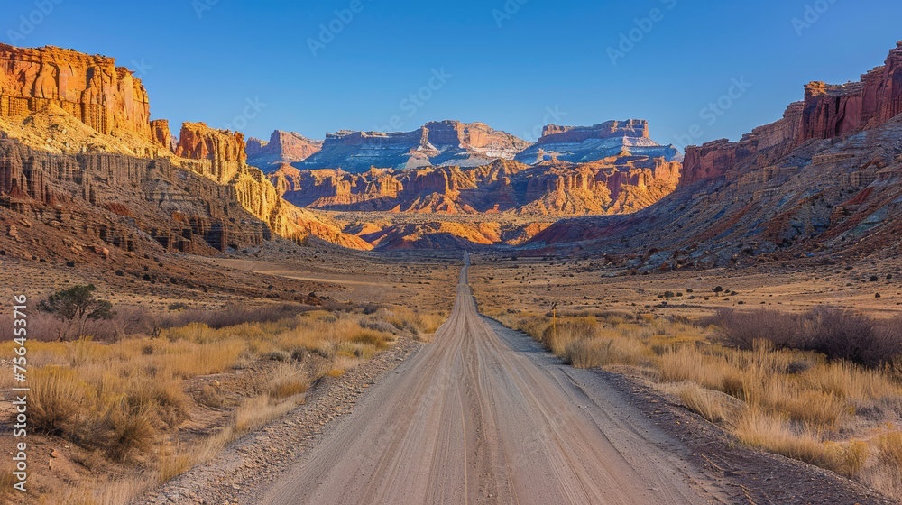 Dirt Road in Desert Surrounded by Mountains