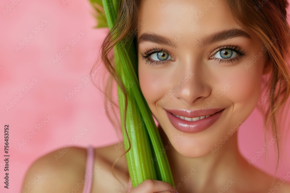 Naklejka premium Happy beautiful woman holding celery stalk on pink background