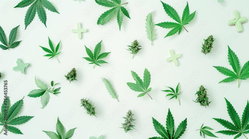 Cannabis leaves and medical crosses representing the integration of marijuana in modern healthcare, in the context of medical marijuana legalization Cannabis leaves and medical crosses representing the integration of marijuana in modern healthcare, in the context of medical marijuana legalization