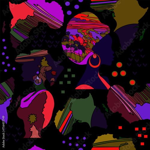 Pattern of African motifs. Women and the map of Africa in bright shades and colors. For printing on clothes, blank for design