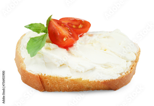 Bread with cream cheese, tomato and basil leaves isolated on white