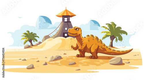 A toy dinosaur stomping through a sandbox 