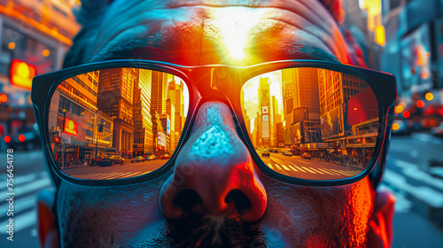 Close-up of a man with a reflection of a busy city street in sunglasses photo