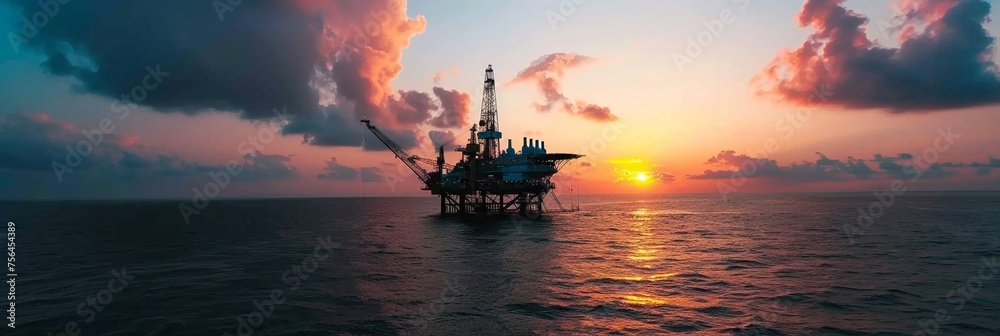 In the expansive sea, an offshore oil rig epitomizes industrial prowess, drilling for energy resources amidst the dynamic backdrop of the sky and water.