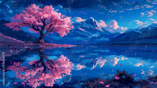 Vibrant cherry blossom tree by a tranquil lake with mountains and a reflective water surface