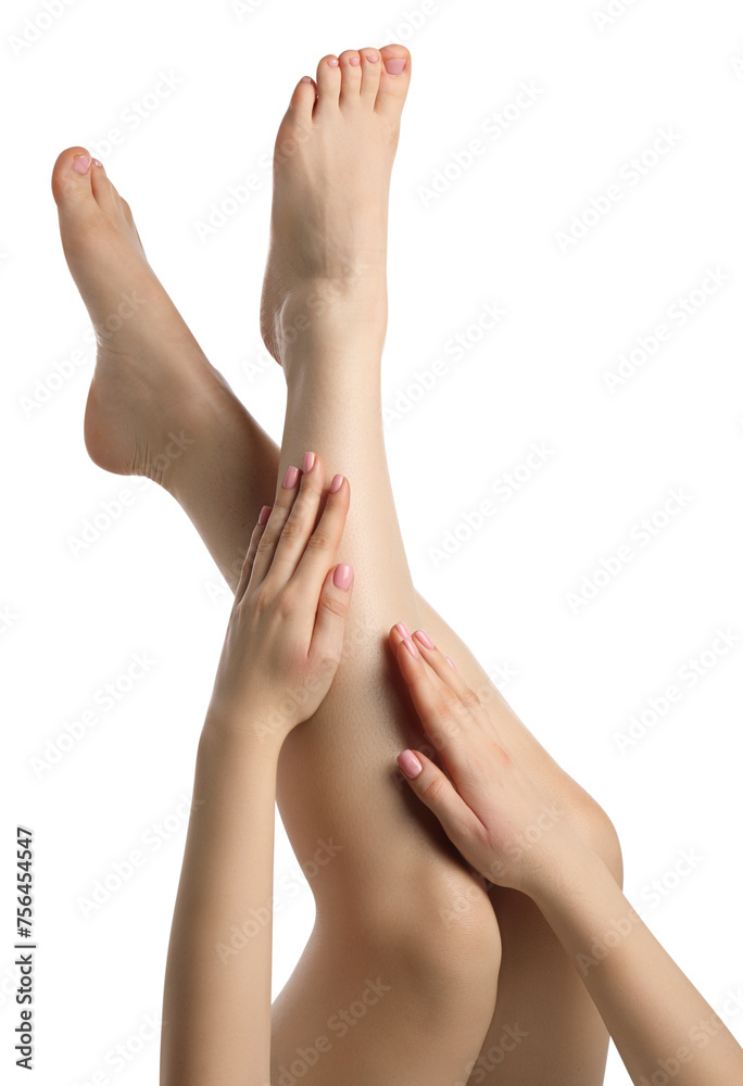 Woman with beautiful legs isolated on white, closeup Woman with beautiful legs isolated on white, closeup