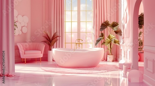 A bathroom with pink walls and a white tub.