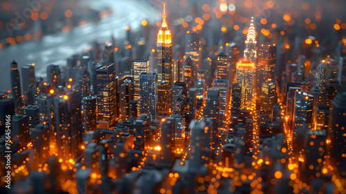 panoramic modern city skyline bird' eye aerial view Miniature Tilt-shift effect
