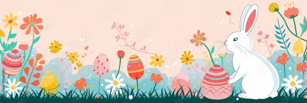 Easter poster and banner template,Concept of Easter egg hunt or egg decorating art and copy space,Day in flat lay styling.Promotion and shopping template for Easter. Easter poster and banner template,Concept of Easter egg hunt or egg decorating art and copy space,Day in flat lay styling.Promotion and shopping template for Easter.