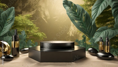 a 3D rendering illustration of a black cosmetic platform set against a nature-inspired beige background. Highlight the luxurious design of the pedestal  with green accents and a touch of golden elemen