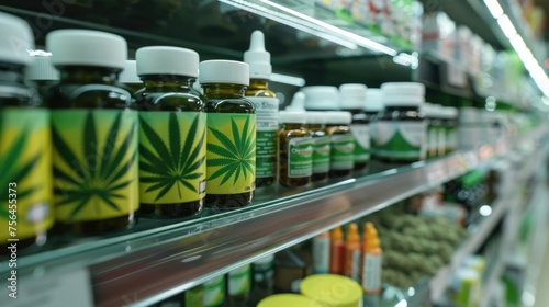 A variety of cannabis products with distinctive cannabis leaf branding on display at a modern dispensary shelf, pharmacy with a availability of medical marijuana