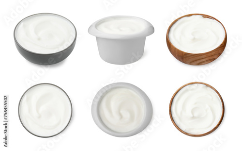 Fresh yogurt in bowls isolated on white, side and top views. Collage