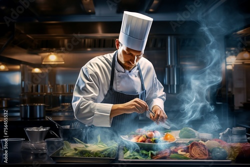 A chef in a kitchen, cooking and preparing ingredients to create a dish.