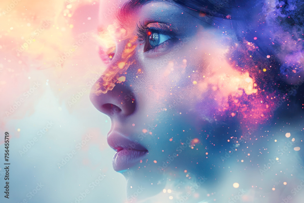 A creative portrait of a woman's profile blending into a vivid cosmic nebula, symbolizing imagination and dreams.