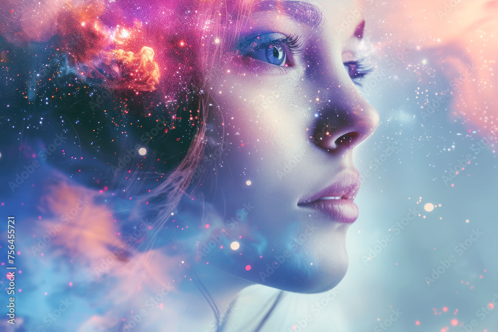 A creative portrait of a woman's profile blending into a vivid cosmic nebula, symbolizing imagination and dreams.