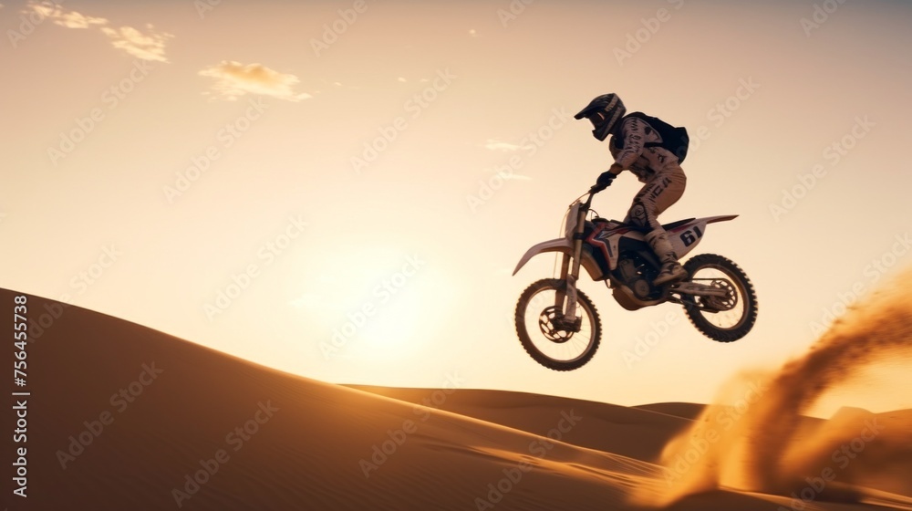 Motorcycle racer. Off-Road Race bike in action in a desert Motorcycle racer. Off-Road Race bike in action in a desert