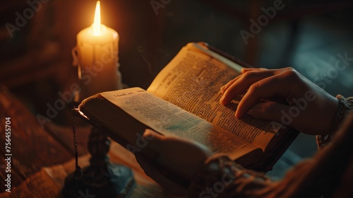 close-up of a prayer book held in hands with a candle flickering near by, offering a personal moment or worship photo