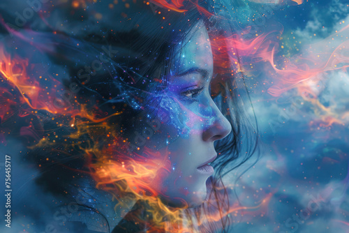 A creative portrait of a woman's profile blending into a vivid cosmic nebula, symbolizing imagination and dreams.