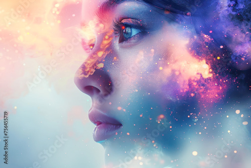 A creative portrait of a woman s profile blending into a vivid cosmic nebula  symbolizing imagination and dreams.