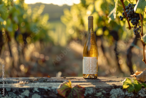 A bottle of white wine is sitting on a vineyard with grapes