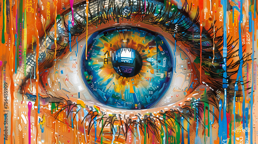 Highly detailed and colorful eye illustration with digital elements and a tech-inspired look