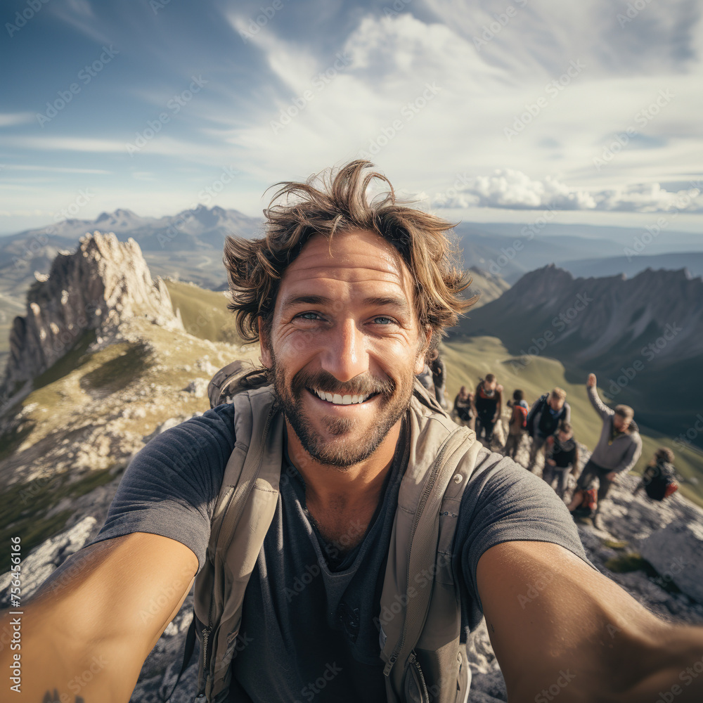 Adventurous man taking a selfie with a stunning mountain range backdrop, feeling on top of the world